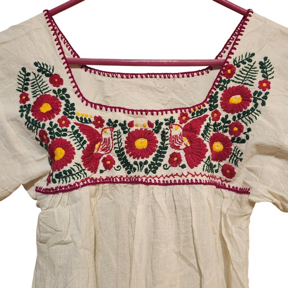 Vintage Women's Small Mexican Gauze Blouse Hand Embroidered Birds Flowers Ivory - Picture 2 of 7